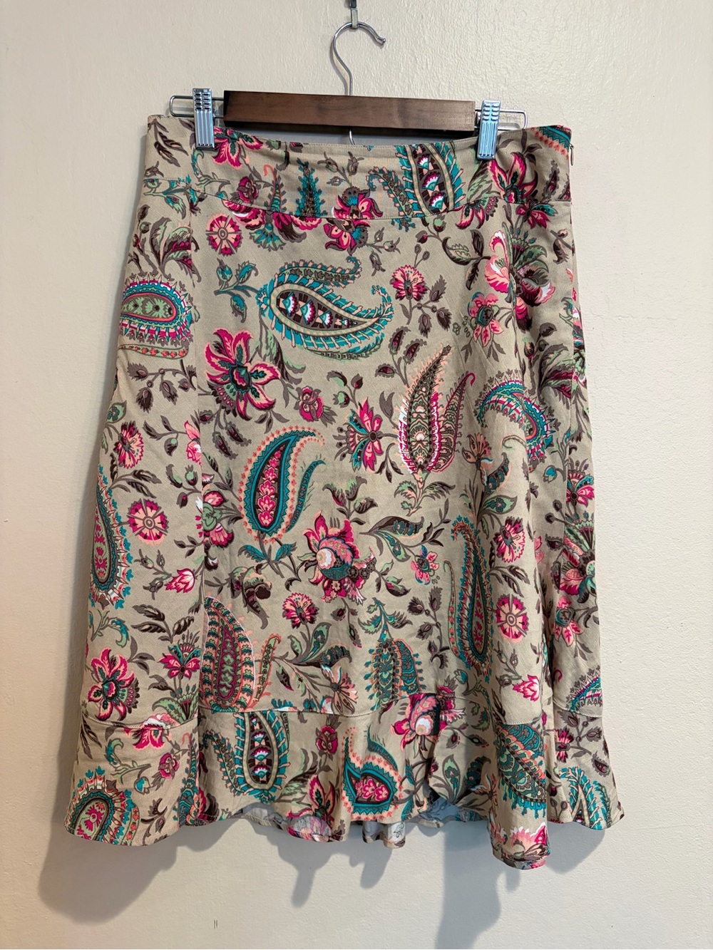 East 5th Coffee A-Line Skirt w/ Teal and Pink Paisley Floral Design, size 10P